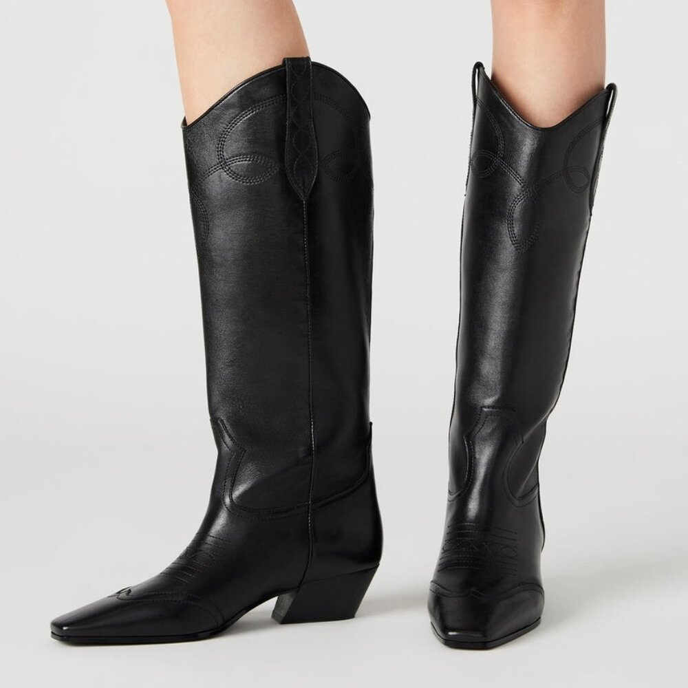 LIKE NEW Steve Madden Dollie Boot in Black Leather COWBOY HEELED KNEE HIGH